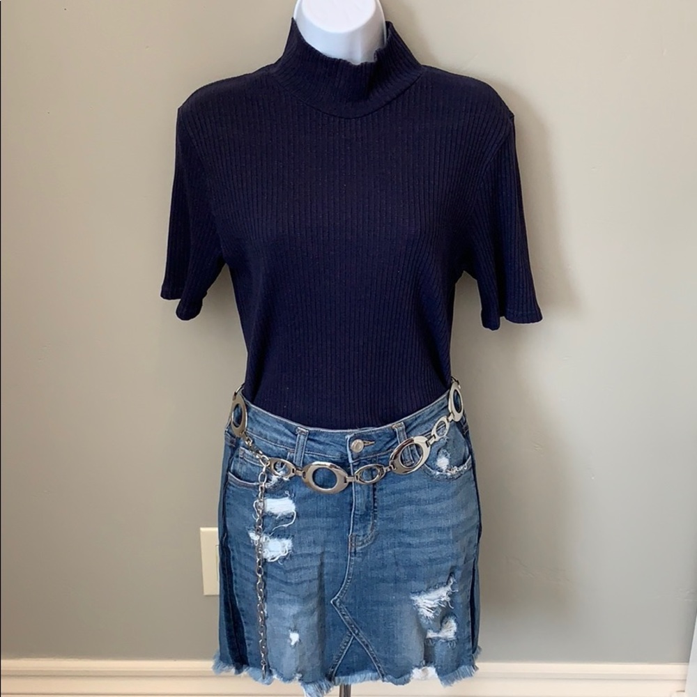 Ribbed Turtleneck Navy Blue Shirt